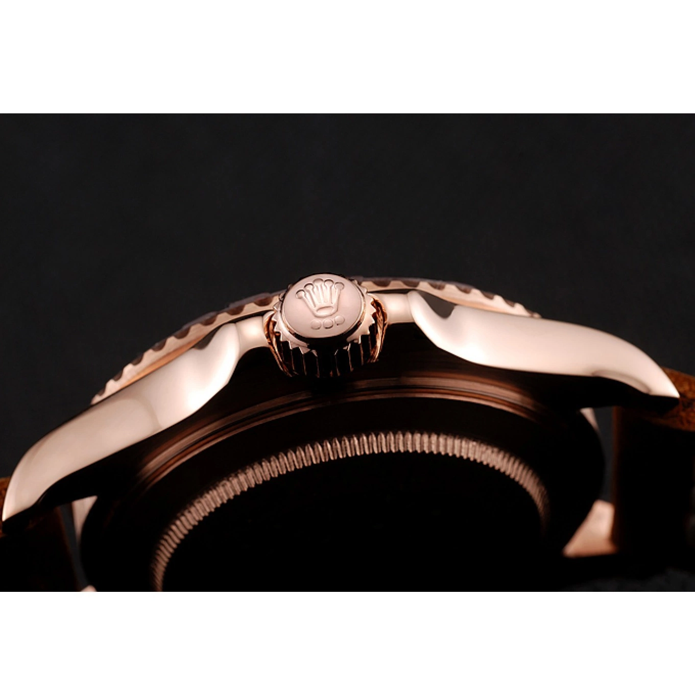 Aaa replica watch 1453861 Rolex Dial Master Black Rose Leather Case Yacht Brown Gold Bracelet 0628